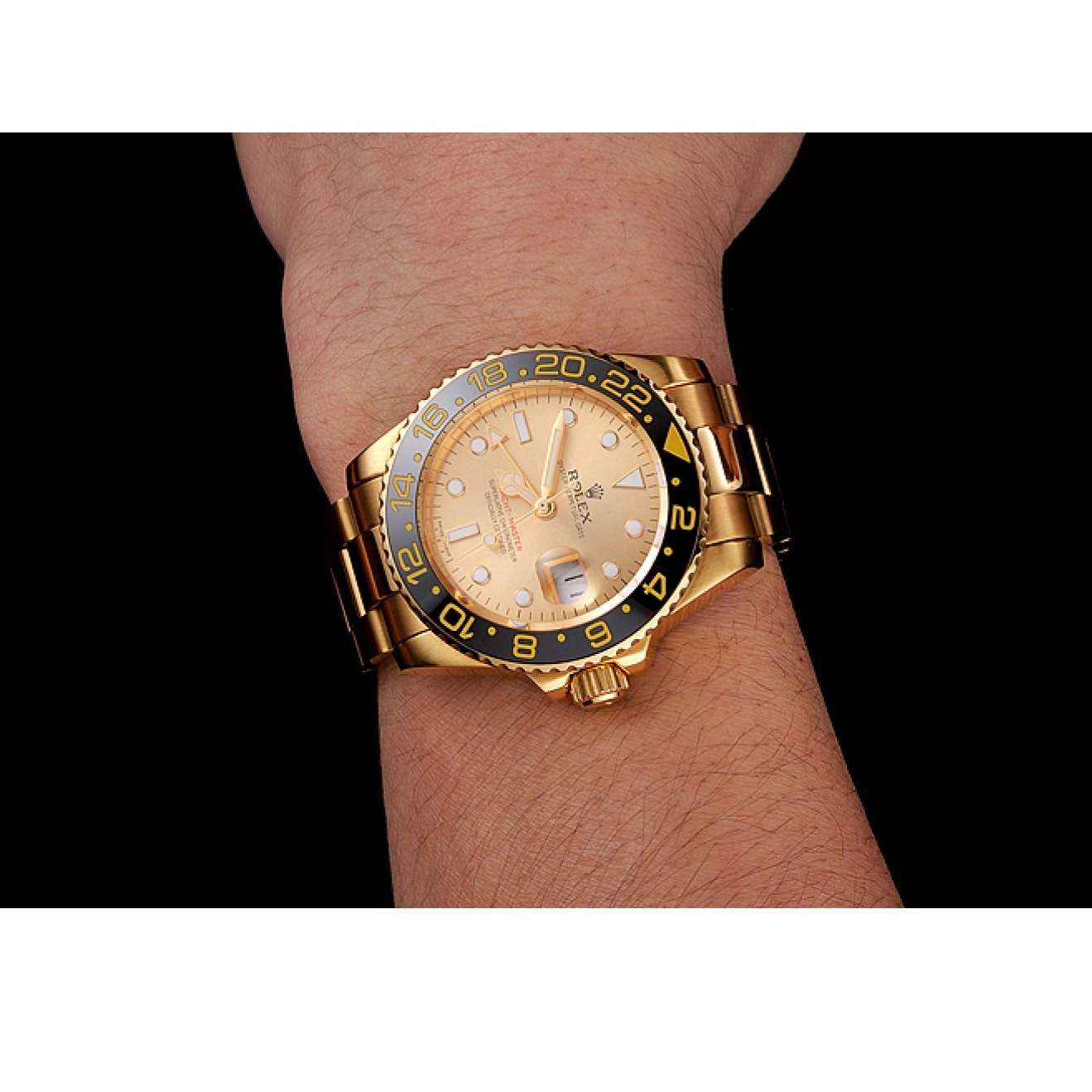 Aaa replica watch II Bracelet Gold GMT Black Master Dial Rolex And 1453749 Bezel Case Gold Swiss 0618